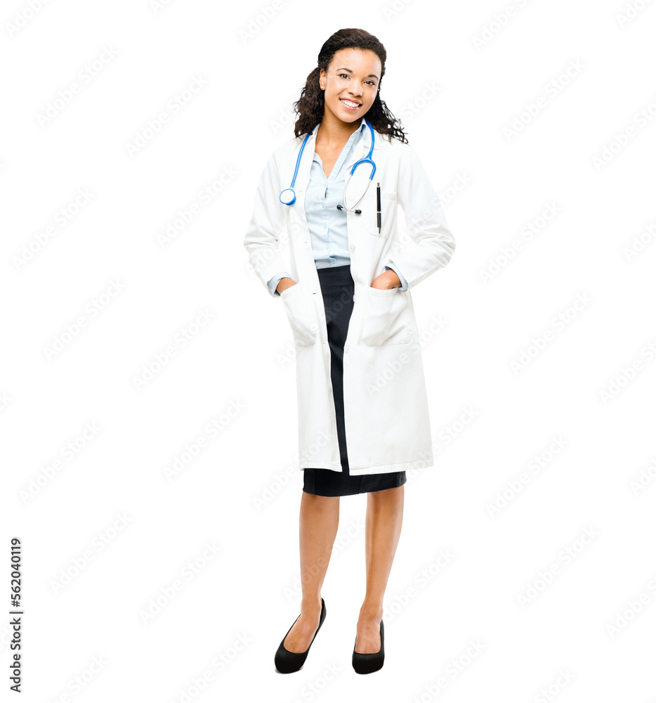 PNG of a young african female doctor isolated on a PNG background.