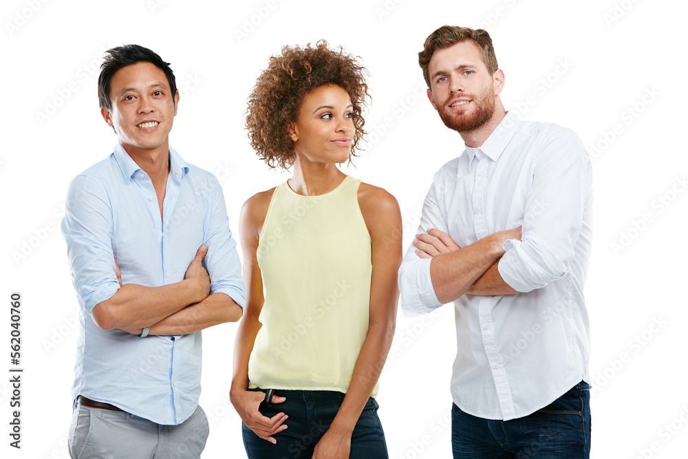 Diversity, group of people together and support standing isolated in white background. Interracial t