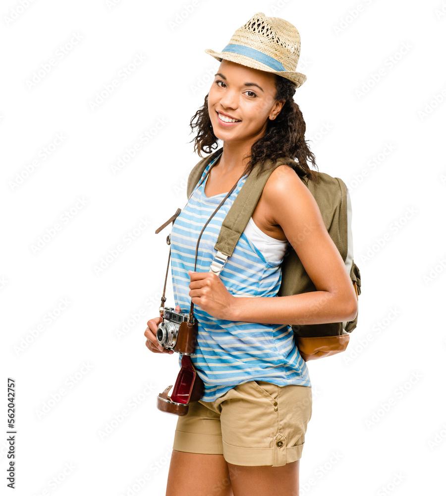 PNG of a happy young woman ready to travel isolated on a PNG background.