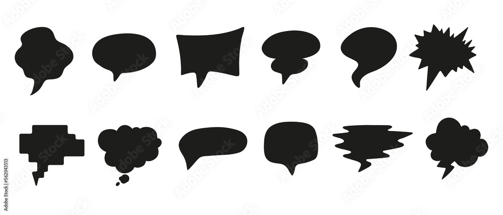 A set of speech bubbles. Empty black speech bubbles. Message bubbles in various shapes, speech cloud