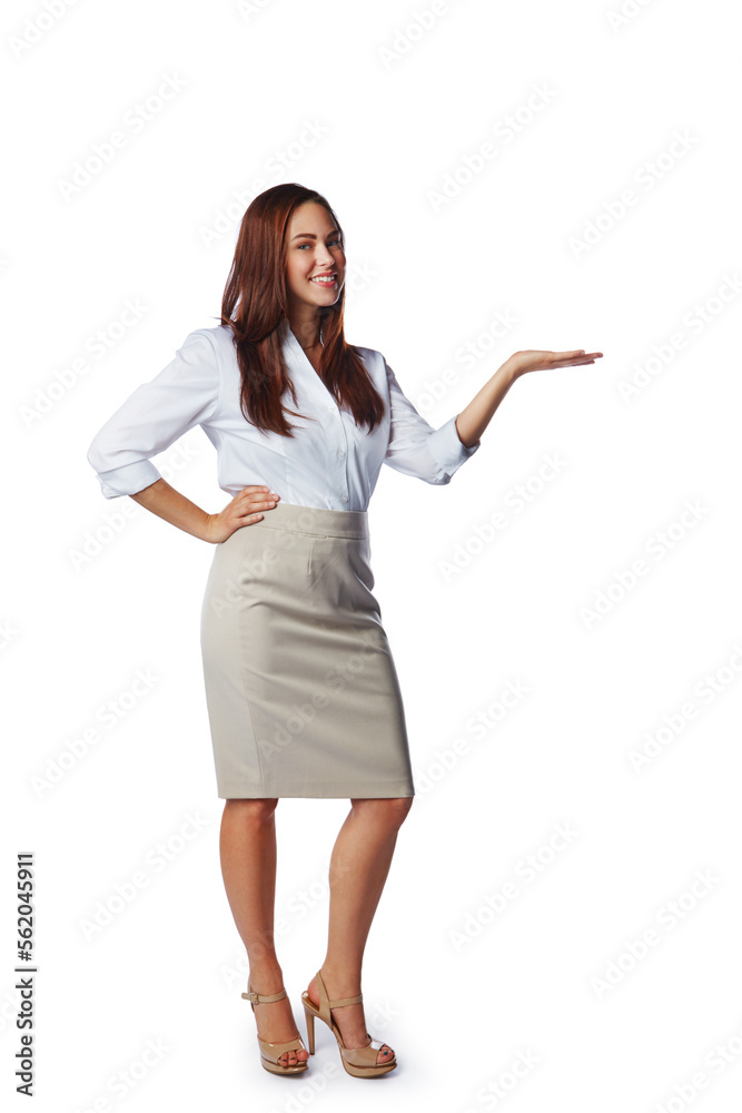 Business fashion, advertising and woman on a white background for product placement, marketing and m