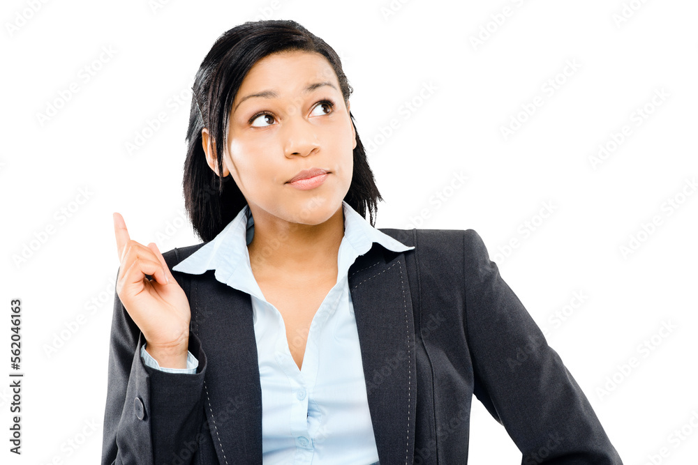 PNG  of a young businesswoman looking up as she gets an idea isolated on a PNG background.