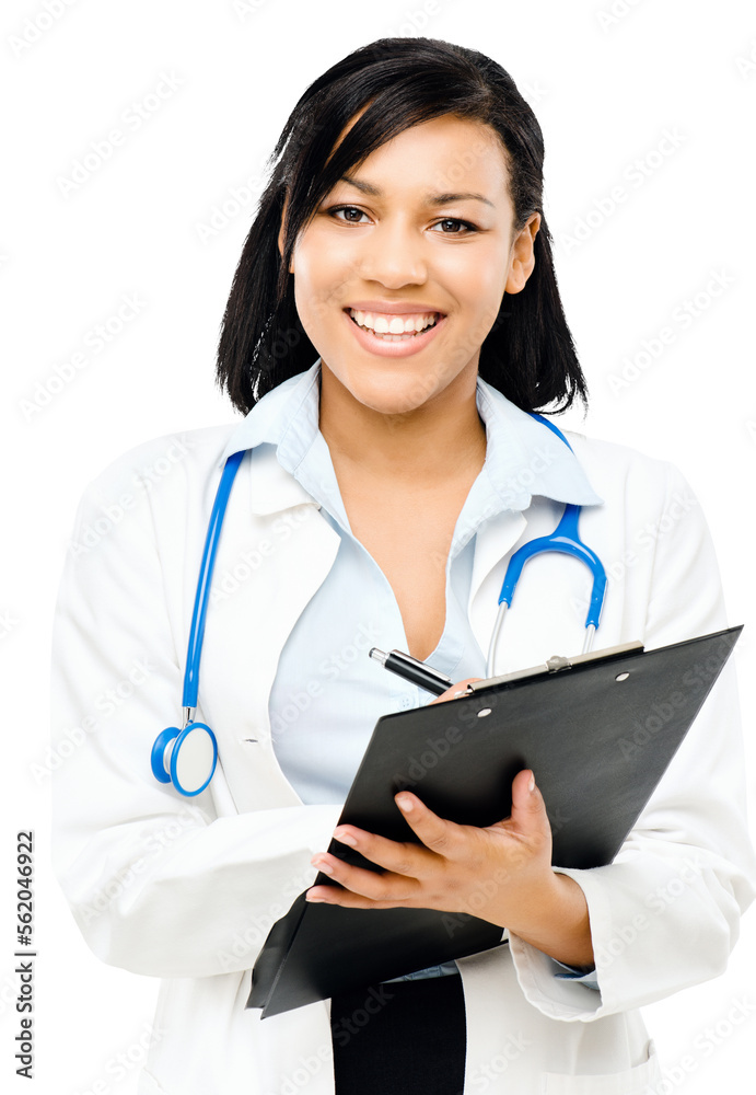 PNG of a young female doctor holding a clipboard isolated on a PNG background.