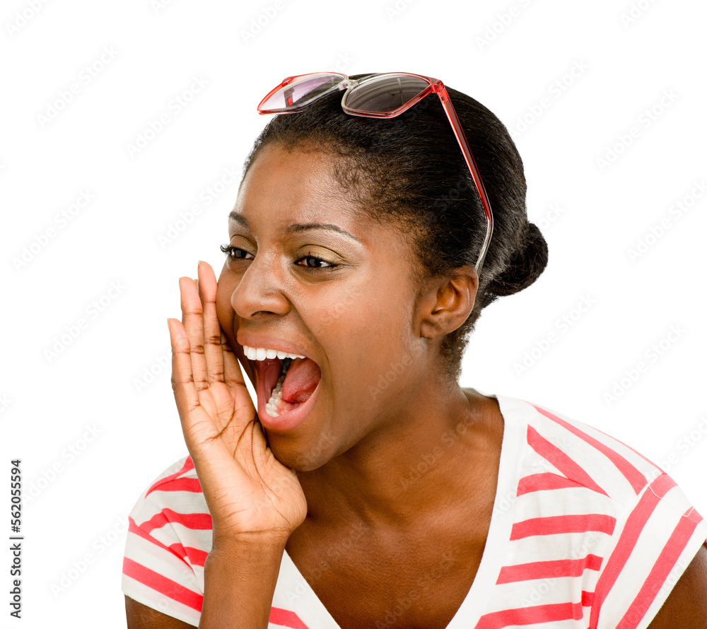 A woman shouting isolated on a PNG background.