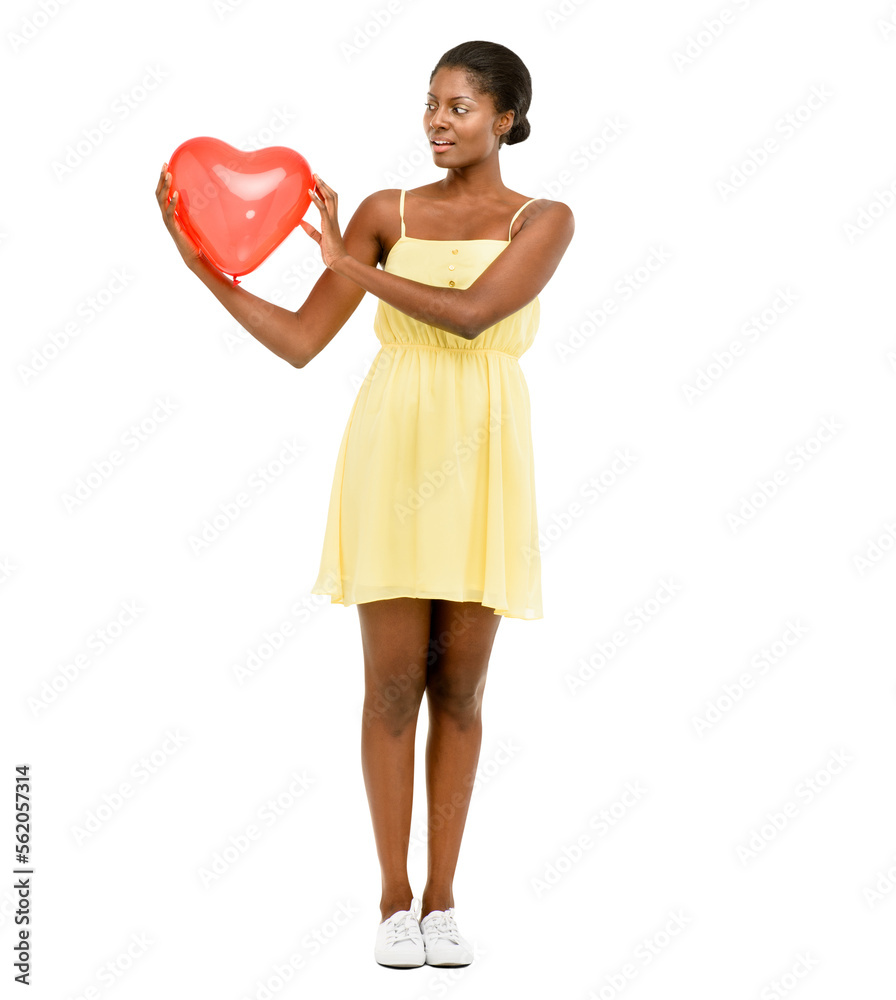 A woman holding a red heart isolated on a PNG background.