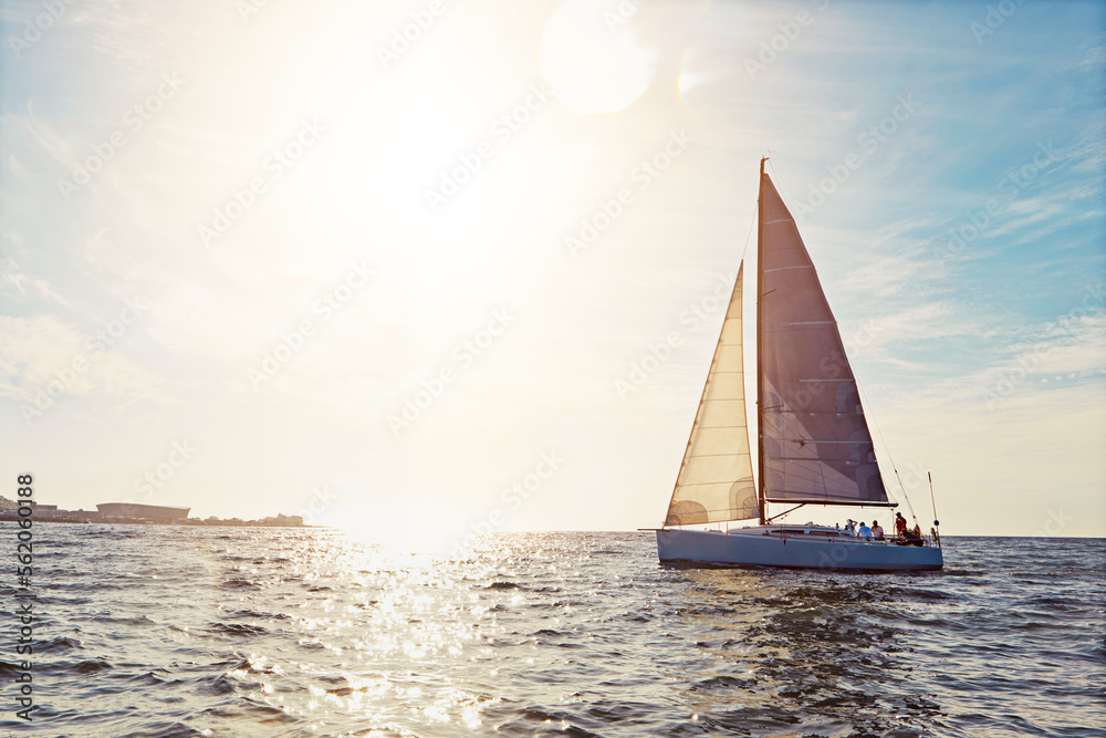 Mockup, sunset and a yacht at sea for travel, tourism or a luxury summer vacation outdoor. Blue sky,