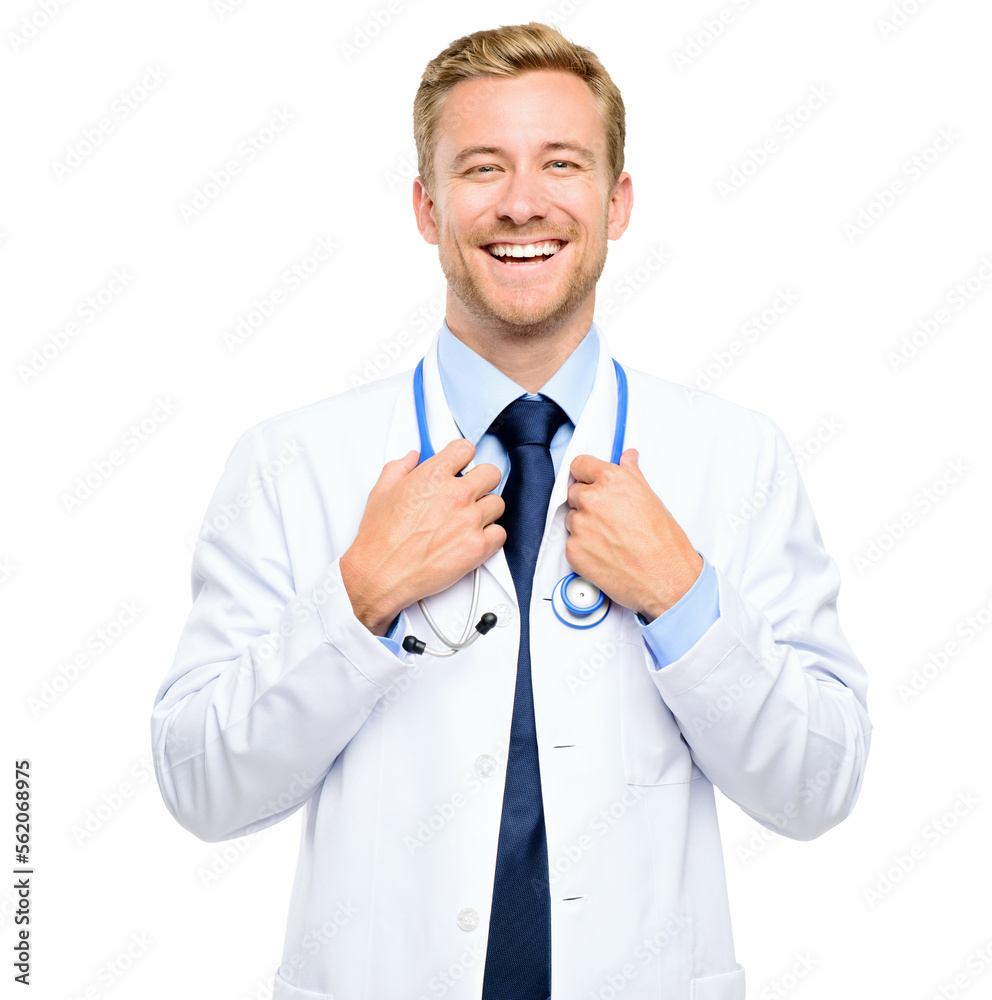 A handsome young doctor standing alone in the studio isolated on a PNG background.