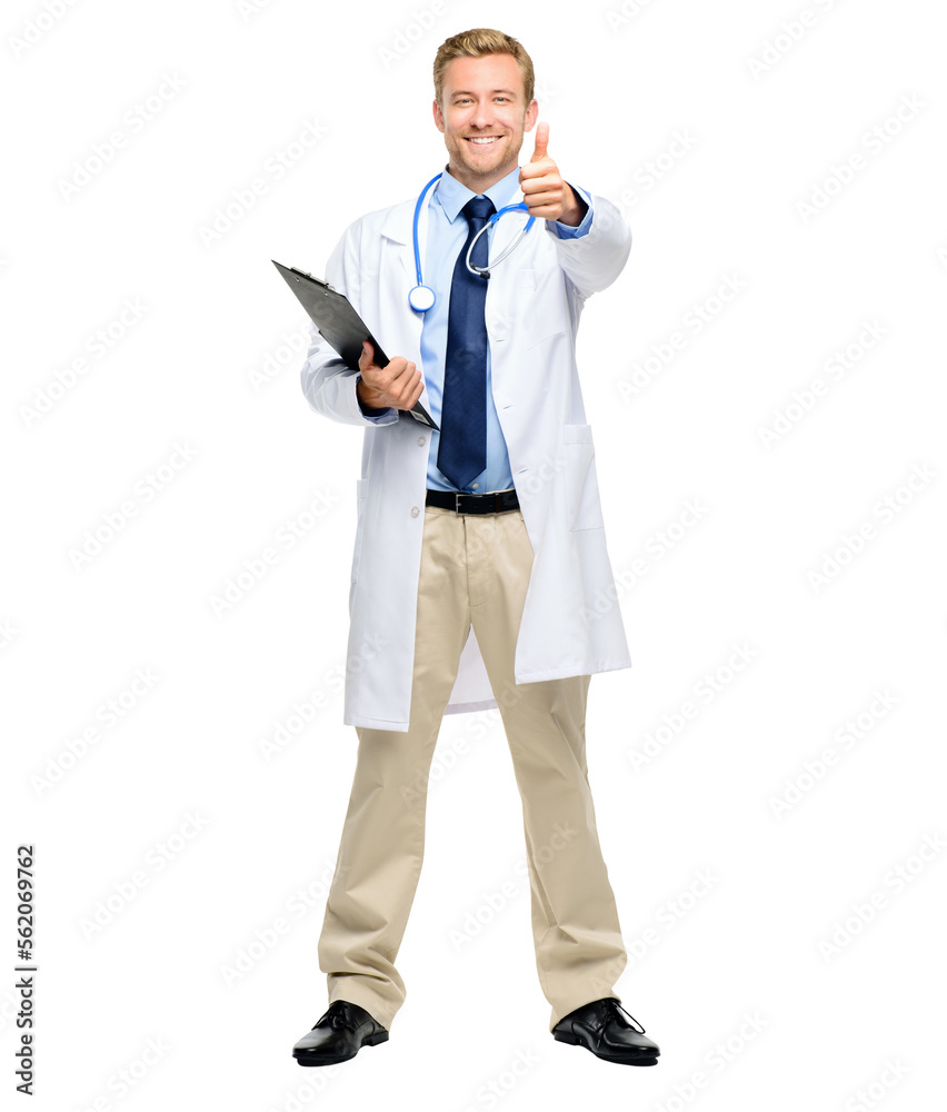 A handsome young doctor standing alone in the studio and showing a thumbs up isolated on a PNG backg