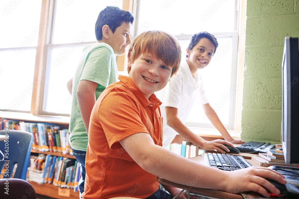 Children, education or portrait in classroom on computer for learning, research or website search. S