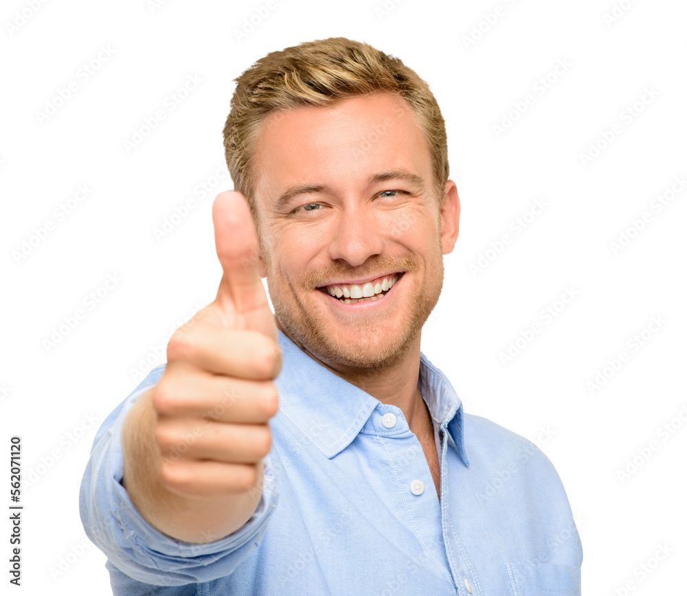 Ahandsome young man standing alone in the studio and showing a thumbs up isolated on a PNG backgroun