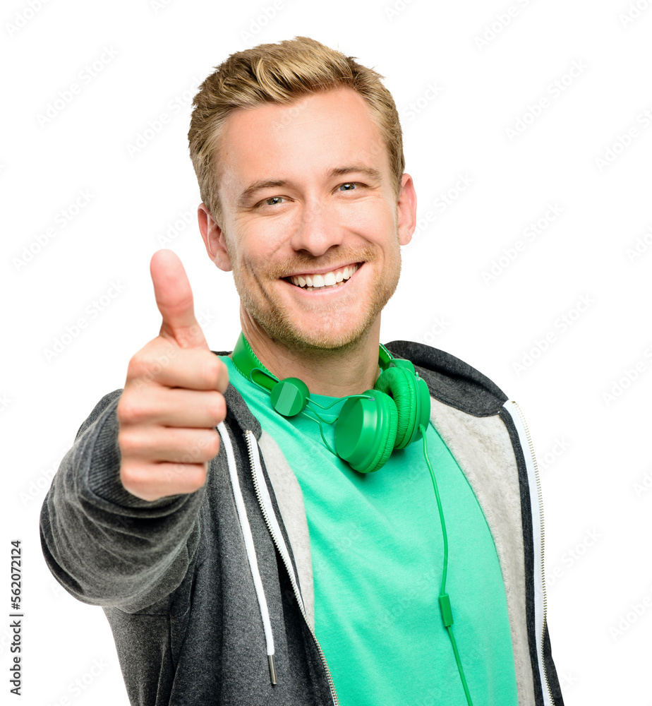 PNG of a handsome young man standing alone in the studio and showing a thumbs up isolated on a PNG b