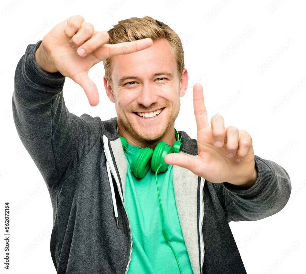 PNG of a handsome young man standing alone in the studio and using his hands to frame his face isola