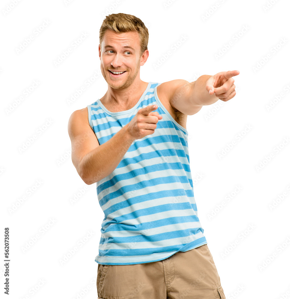 A handsome young man standing alone in the studio and pointing isolated on a PNG background.