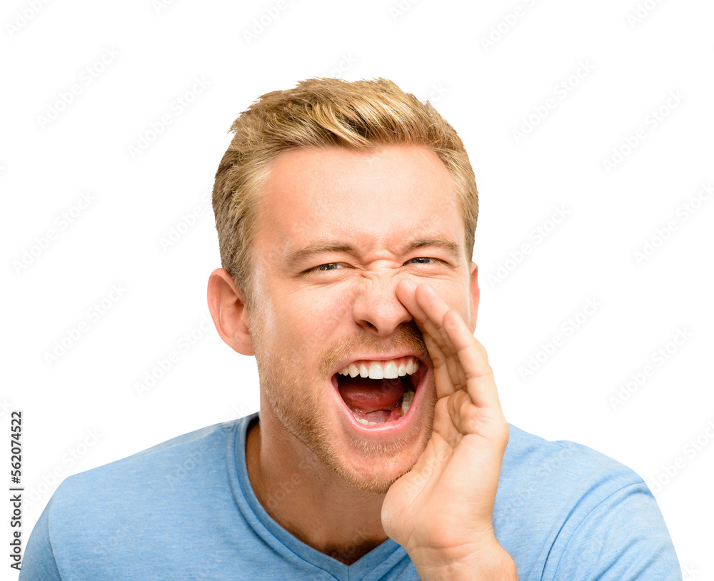 A handsome young man standing alone in the studio and shouting isolated on a PNG background.