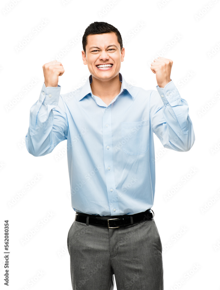 An asian businessman celebrating isolated on a PNG background.