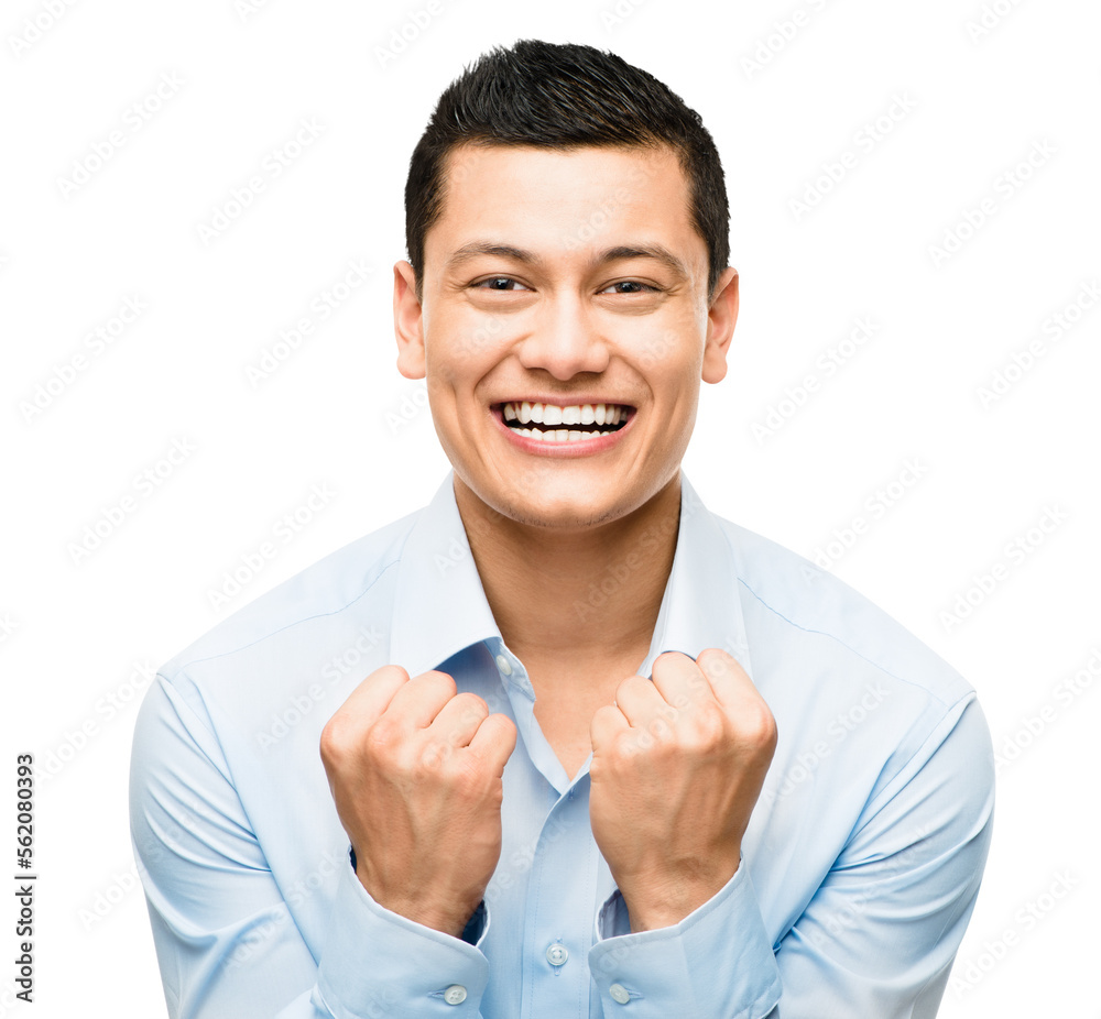 An asian businessman celebrating isolated on a PNG background.