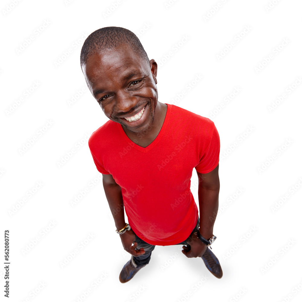 Portrait, fashion and red with a model black man in studio isolated on a white background from above