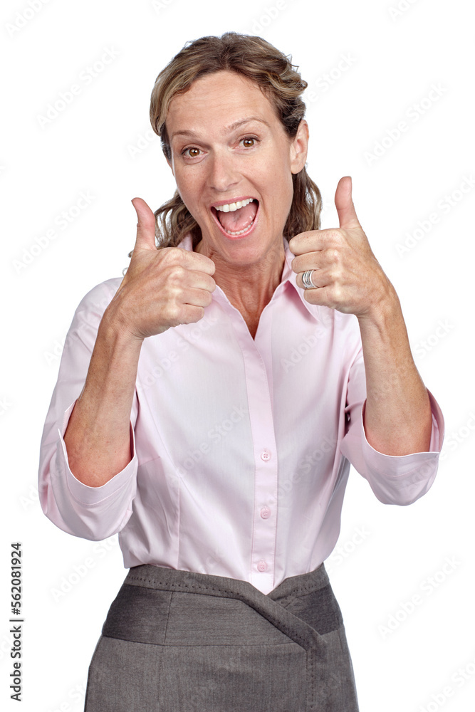 Business woman and success portrait with thumbs up for career victory with excited smile for achieve