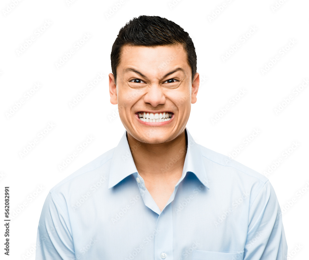 A businessman making a silly face isolated on a PNG background.