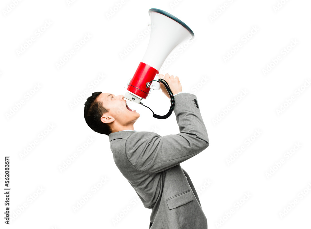 An asian businessman shouting into a megaphone isolated on a PNG background.