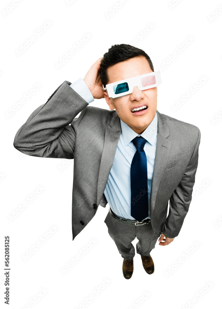 A young businessman wearing 3D glasses isolated on a PNG background.