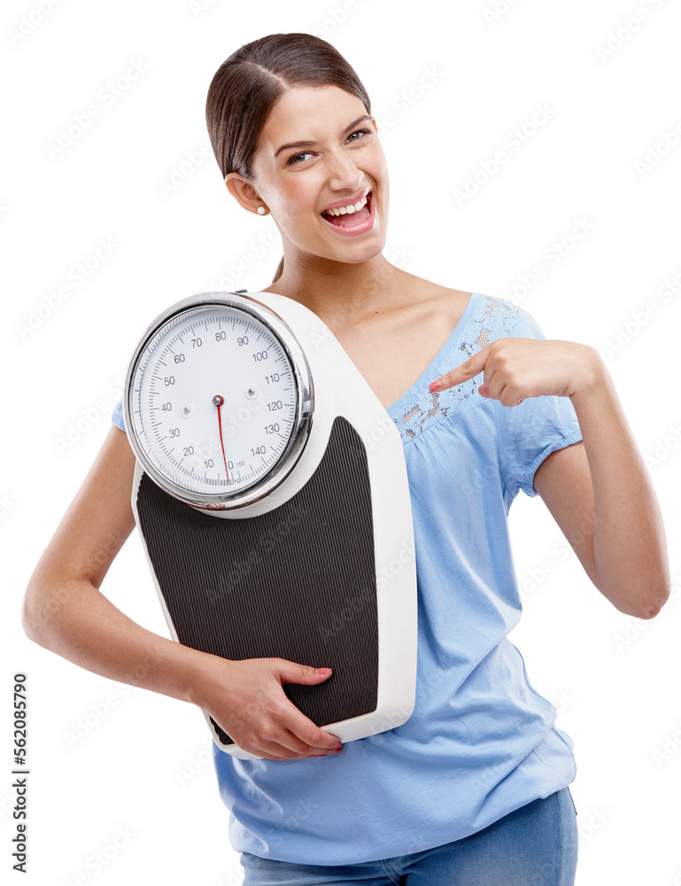 Health, weight loss and scale with portrait of woman for fitness, nutrition and diet achievement. Wo