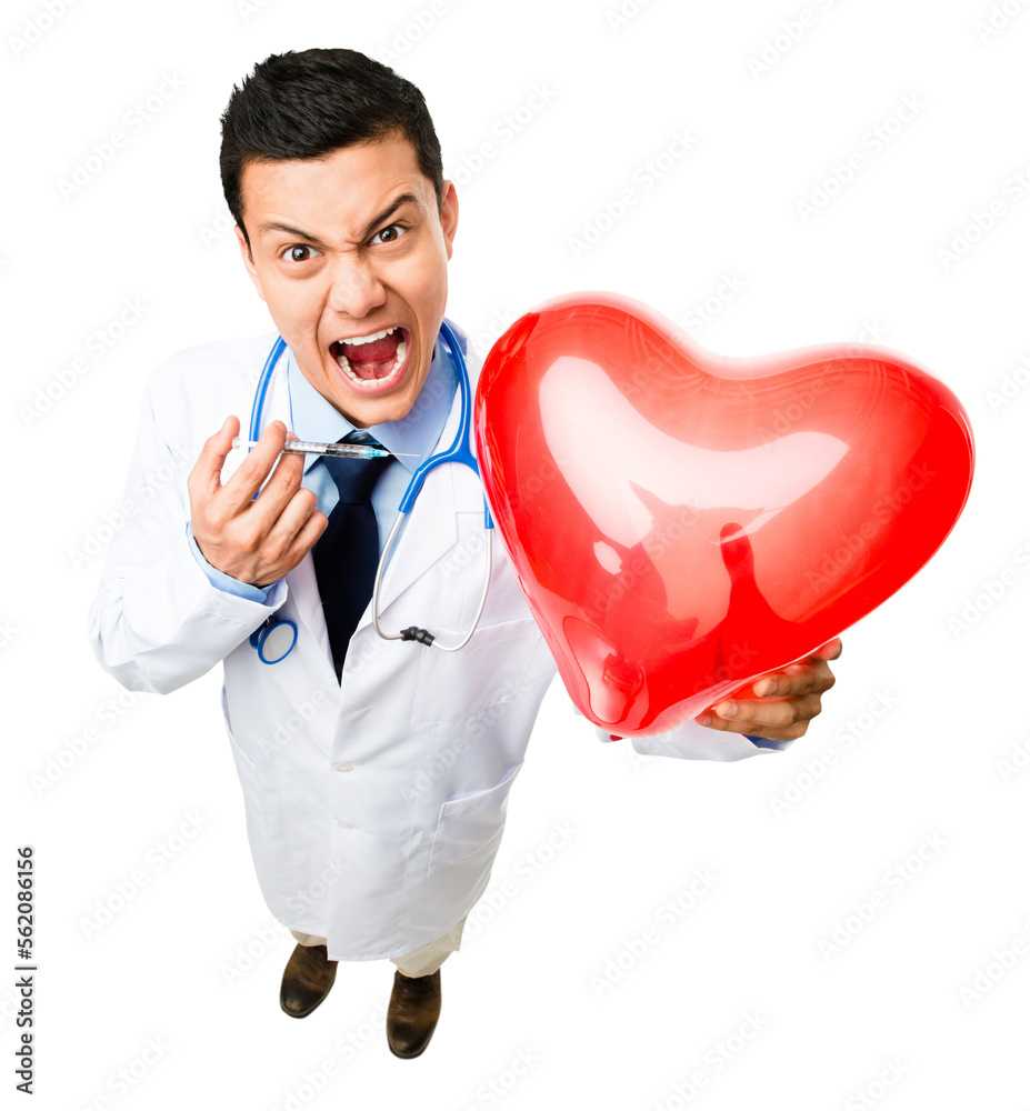 A young male doctor holding a heart isolated on a PNG background.