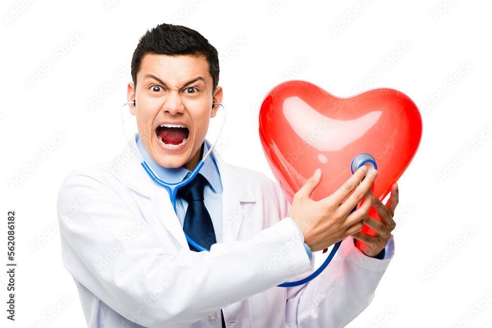 A young male doctor holding a heart isolated on a PNG background.