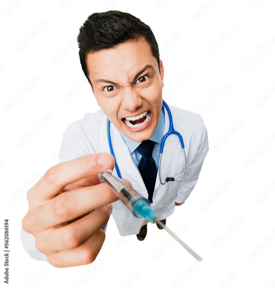 A young male doctor ready to administer an injection isolated on a PNG background.