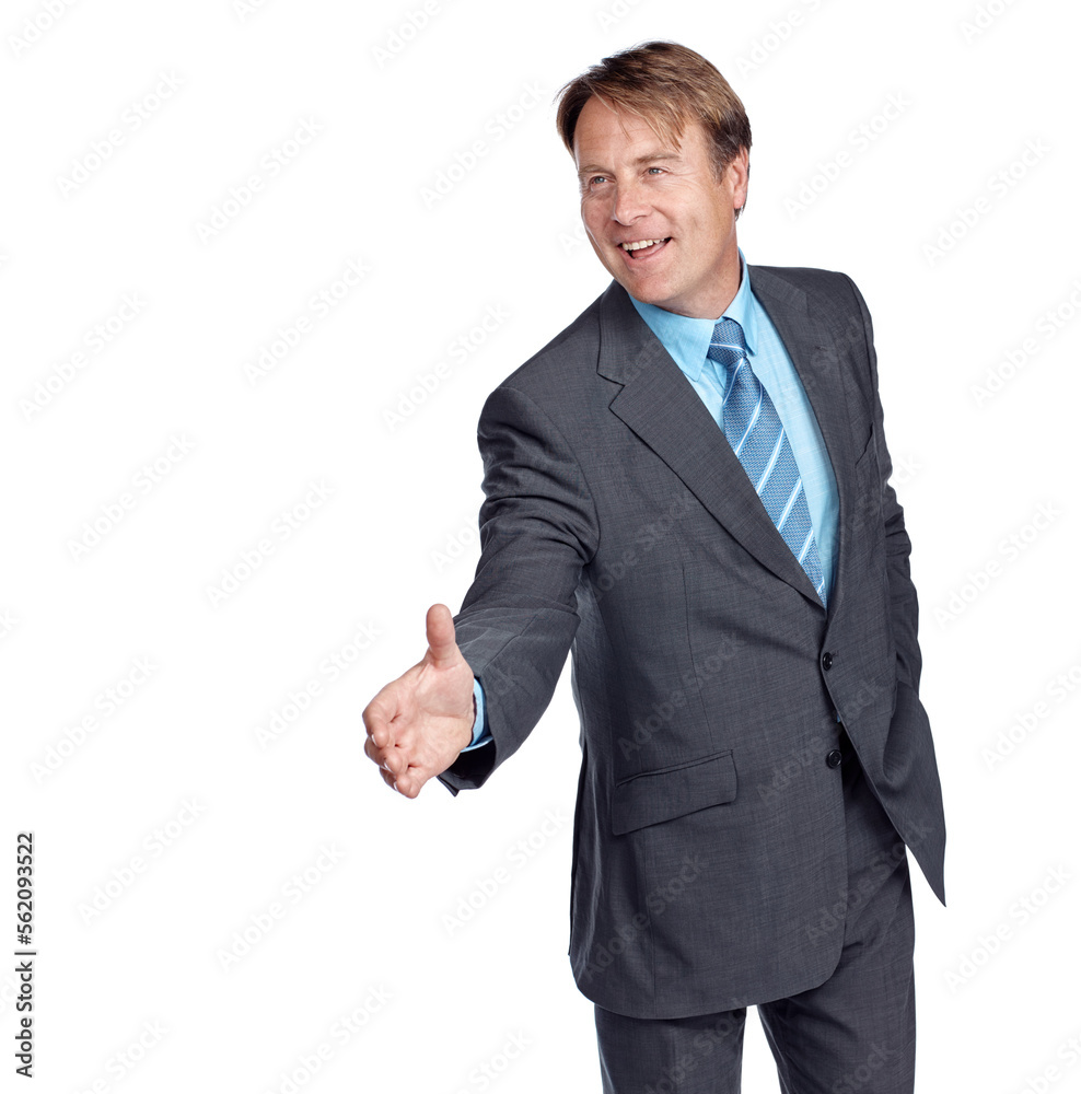 Businessman, handshake and suit with smile in studio for focus, deal and leadership by white backgro