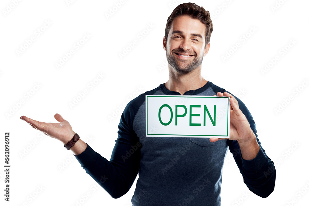 A handsome young man holding an open sign isolated on a PNG background.