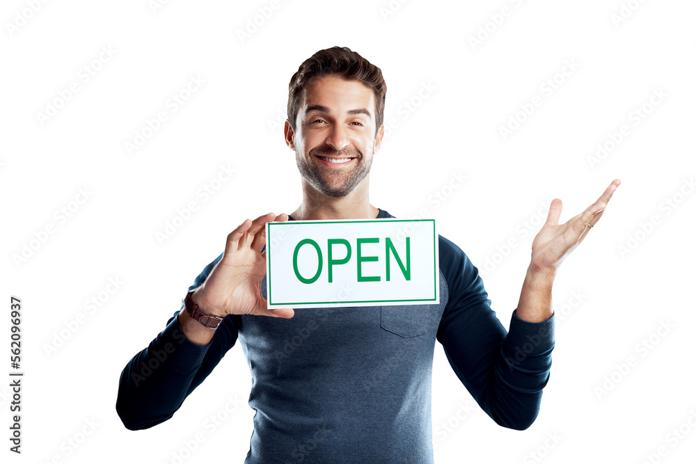 A handsome young man holding an open sign isolated on a PNG background.