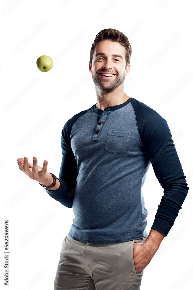 A handsome young man tossing an apple isolated on a PNG background.