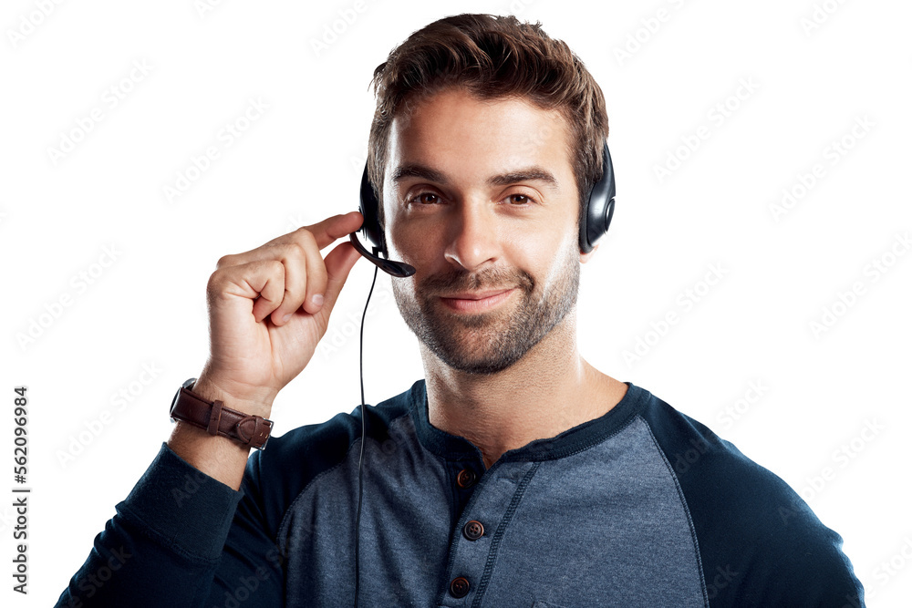 A handsome young man using a headset isolated on a PNG background.