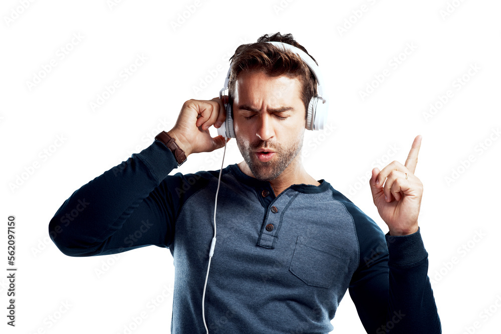 A handsome young man using headphones isolated on a PNG background.