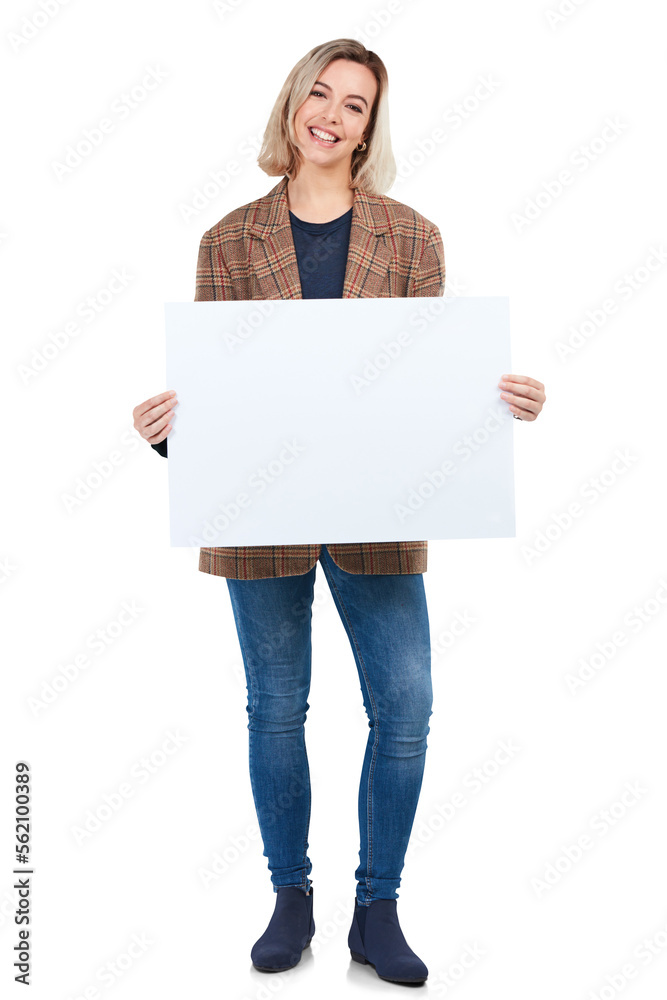 A young woman holding up a sign with blank copyspace isolated on a PNG background.