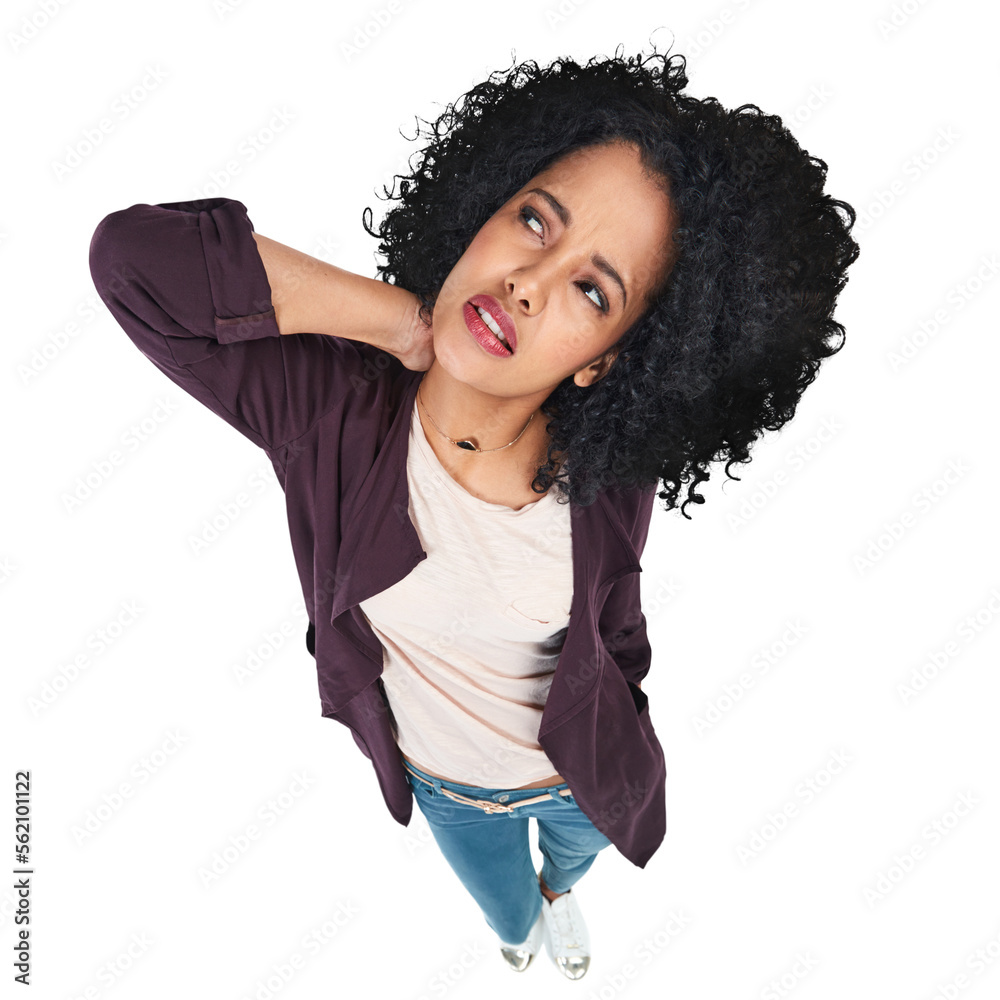 A woman experiencing neck pain isolated on a PNG background.