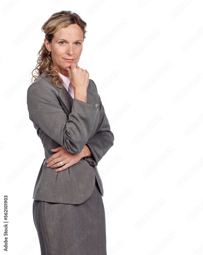 Business woman, thinking in portrait with idea and inspiration, motivation isolated on white backgro