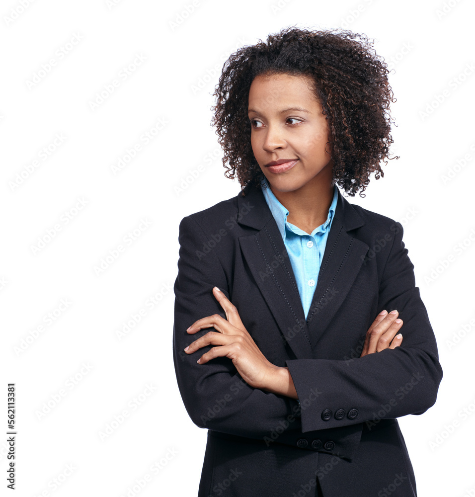 Black woman, thinking and business in studio with arms crossed, suit or idea by white background. Co