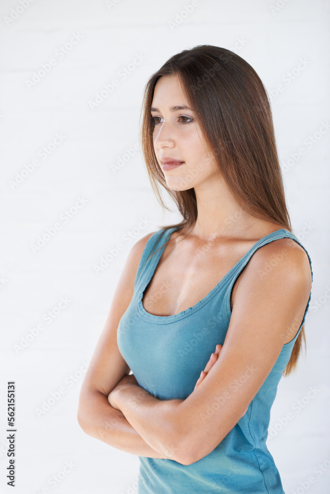 Young woman, arms crossed and thinking for happiness, and female isolated on white studio background