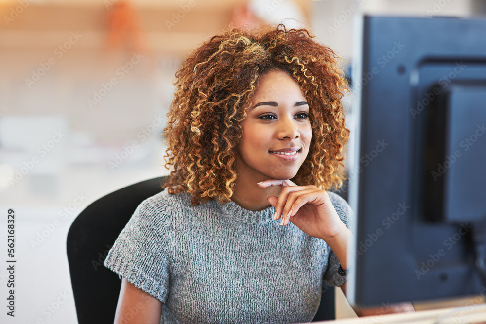 Email, connectivity and black woman with a computer for business, internet and corporate research. O