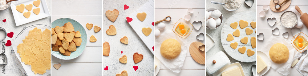 Collage of heart shaped cookies with raw dough, ingredients and utensils on light background