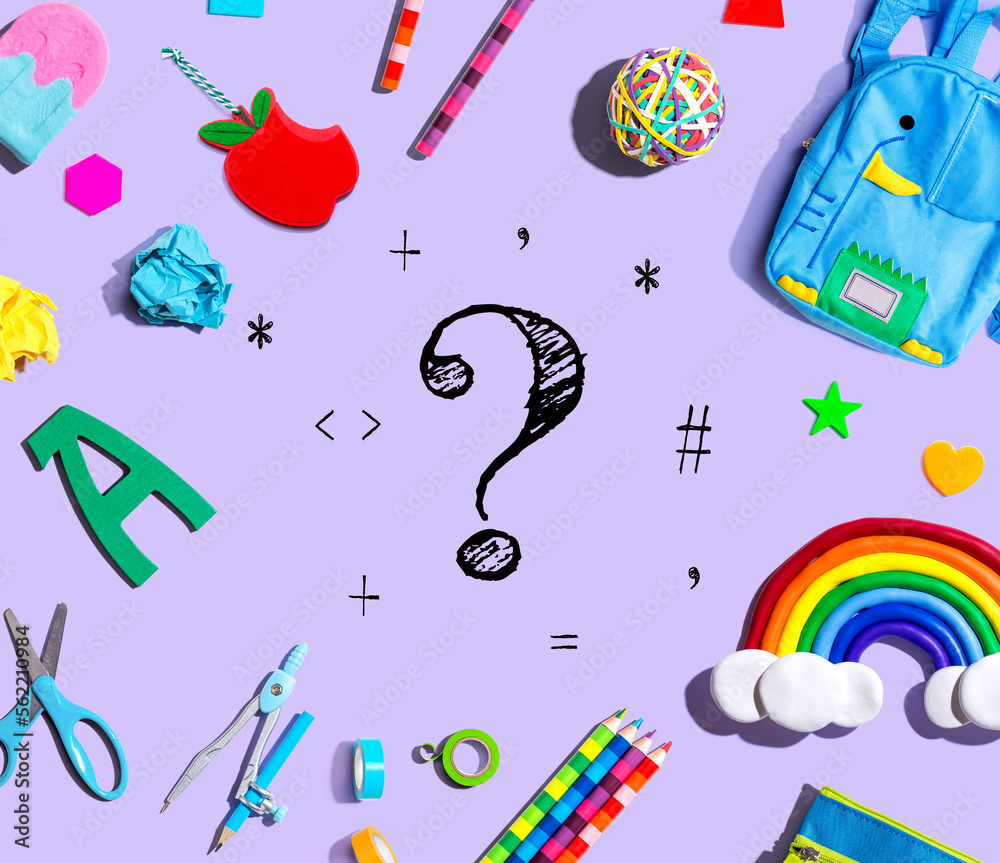 Question mark with school supplies on a purple background