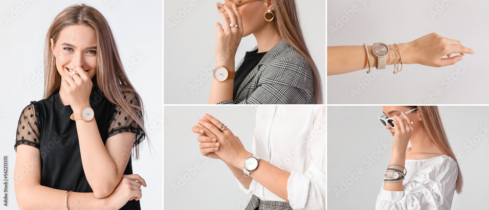 Collection of pretty young woman with stylish wristwatches on light background