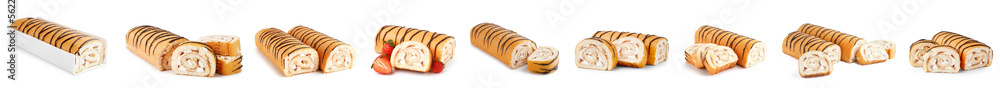 Collage of delicious sponge cake rolls on white background