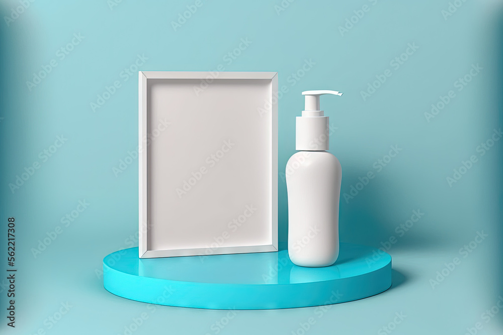 White podium with a blue water surface and a blue cosmetic bottle. Blank label for mock up branding.