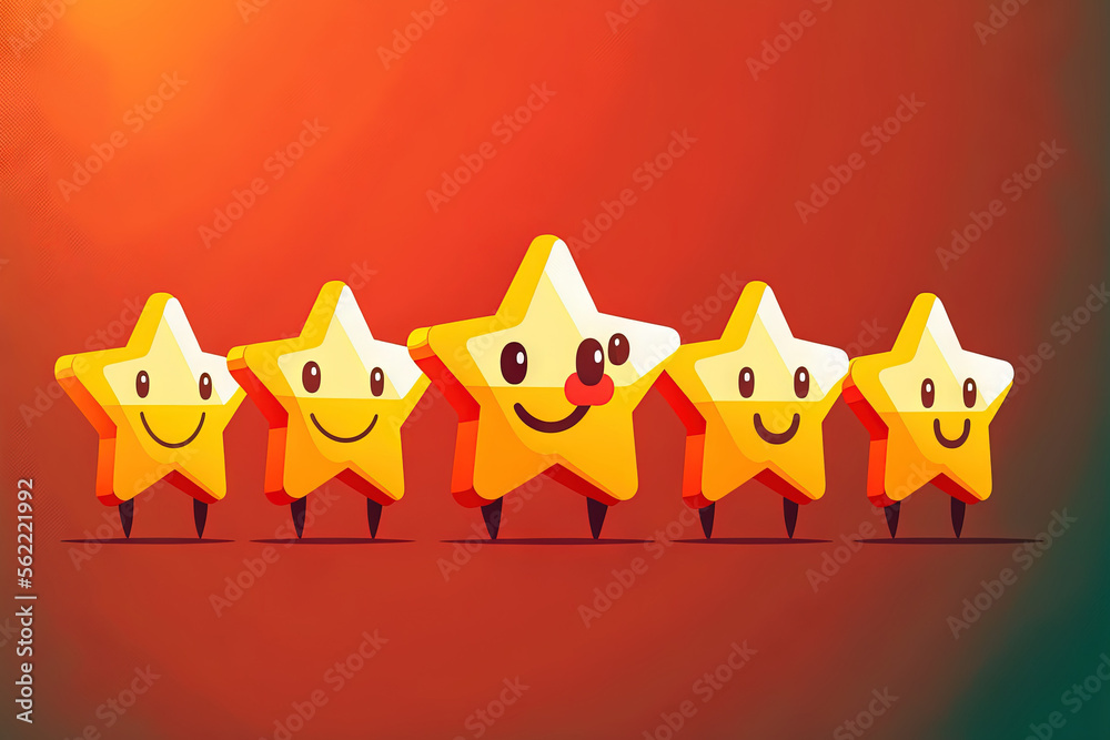 Five stars in row. Glossy yellow and red colors. Customer rating feedback concept from the client ab