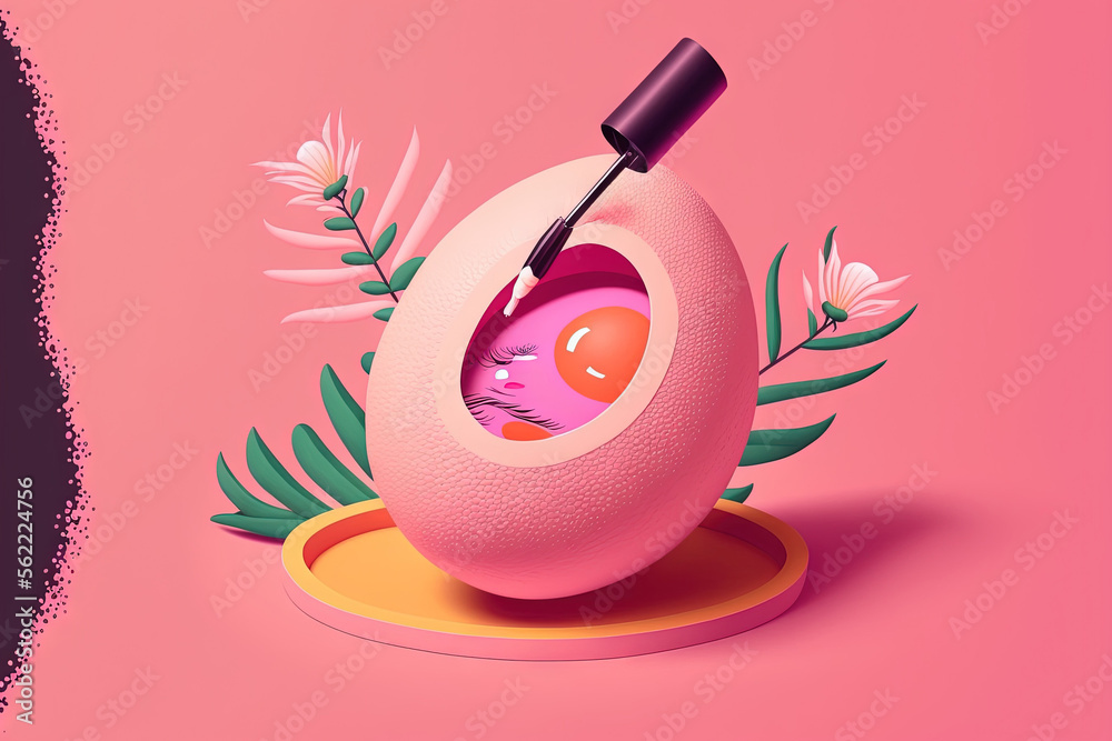 Applying eye mascara to the lashes of a pink Easter egg using a womans . Easter makeup and cosmetic