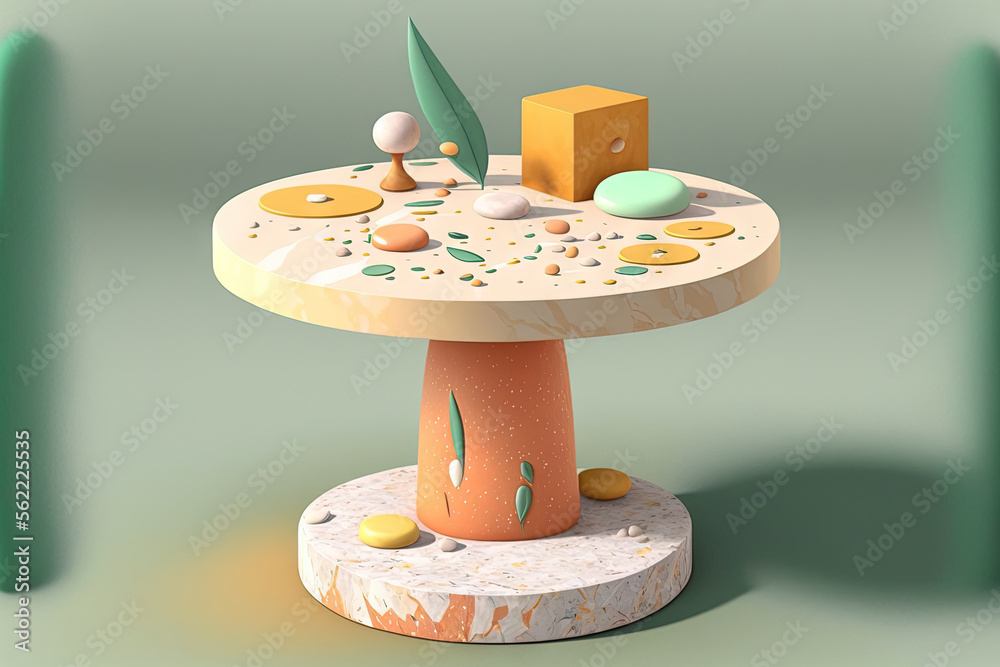 A platform made of terrazzo marble and rounded wood is used to display products. Natural beauty pede