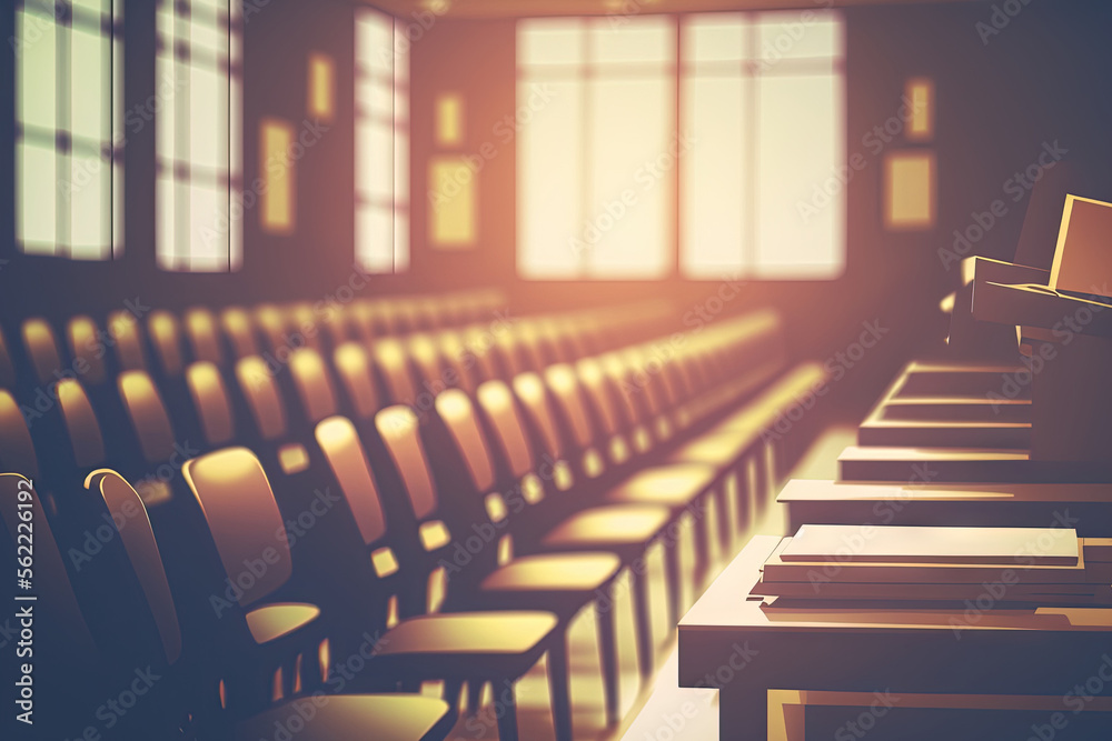 Blurred image of Empty classroom, college lecture hall preparing for education in university, confer